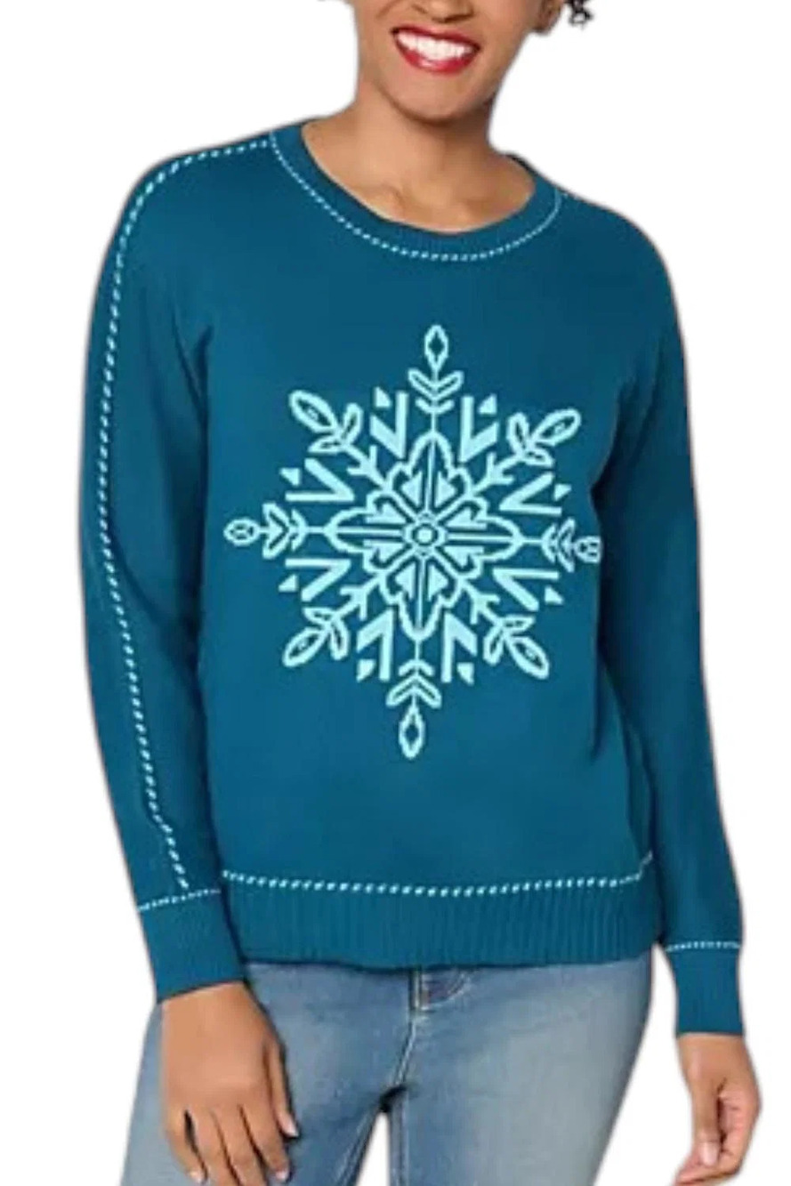 Joan Rivers Women's Snowflake Sweater w/ Birdseye Stitching Peacock - Regular
